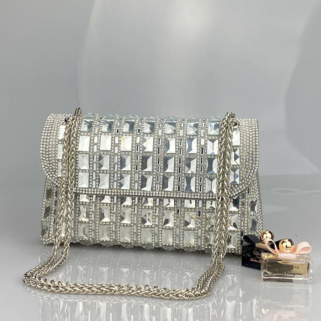 Retro style shiny glass rhinestone chain clutch bag with diamond embellishments in horizontal square shape