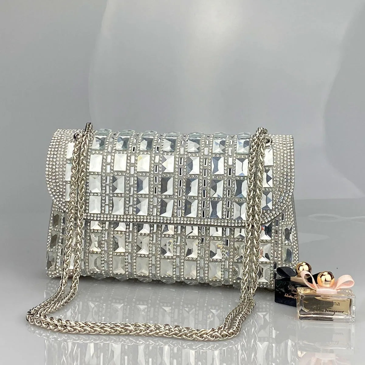 Retro style shiny glass rhinestone chain clutch bag with diamond embellishments in horizontal square shape
