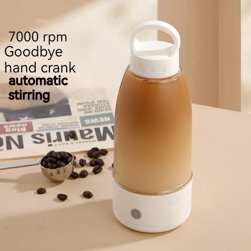 Automatic electric shaker bottle with USB charging port in green, pink, and white colours.