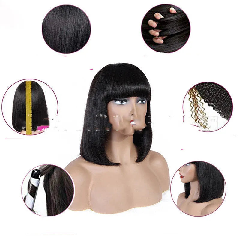 European and American long straight real hair bob wig with Qi bangs in Mechanism B gear wave colour