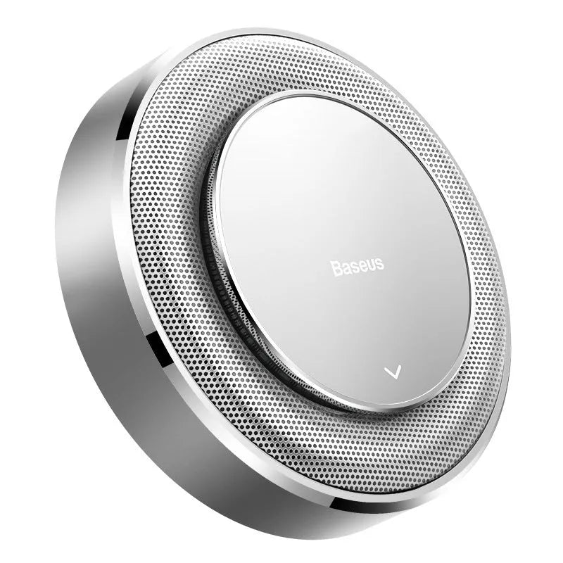 Aluminium alloy round car fragrance holder in black, red, and silver colour options with four scent tablets.