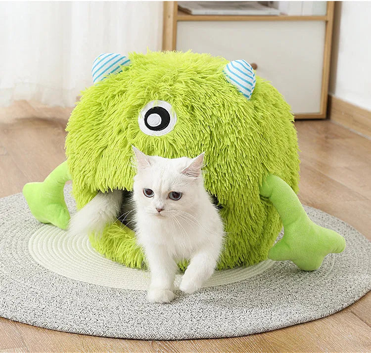 Round soft plush cat bed with a non-slip base, shown in three size options.