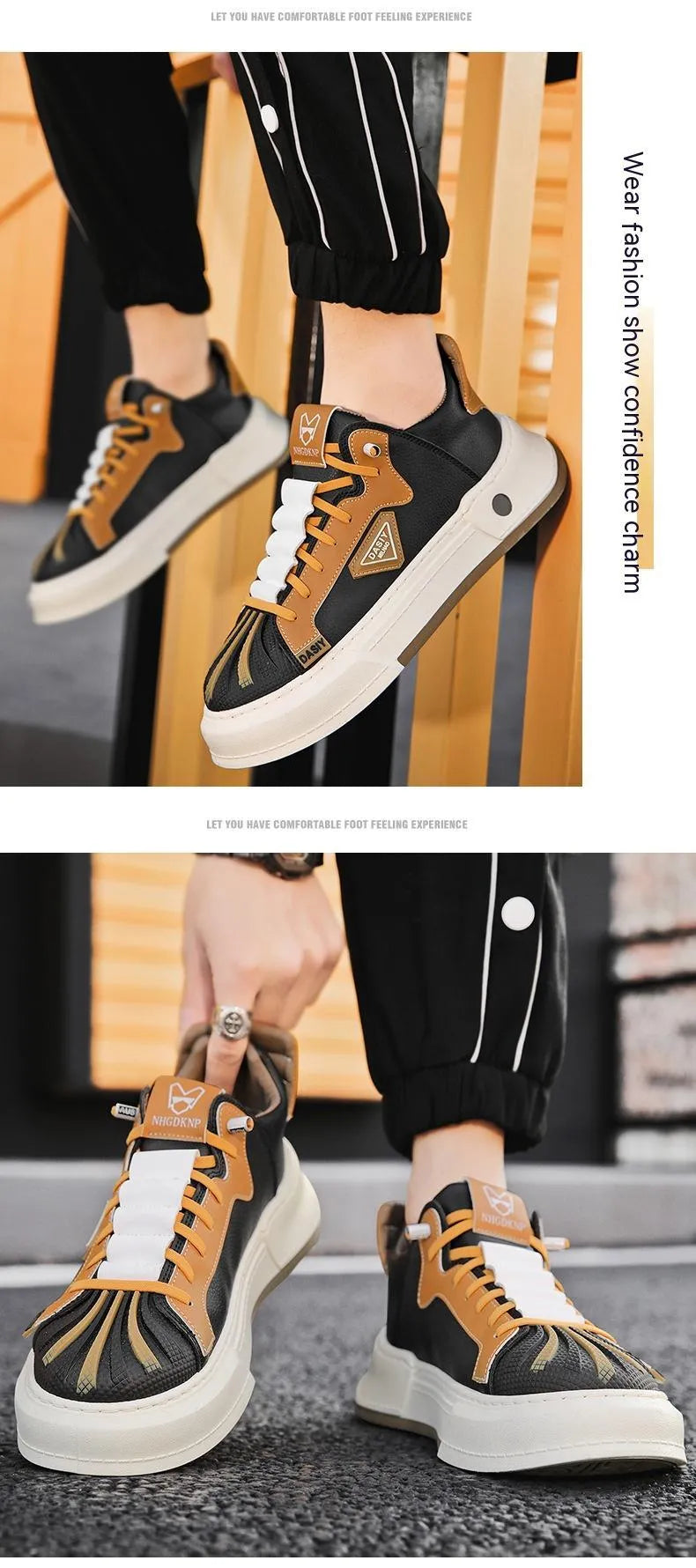 Men's beige casual sneakers with elastic band closure and leather stitching detail