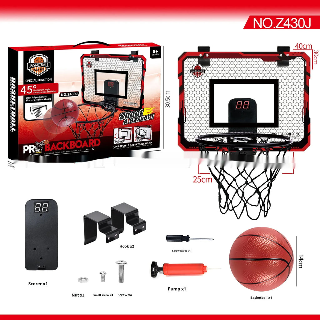 Red and blue folding basketball frame with suction cups and iron hook for dunking or ball storage.