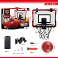Red and blue folding basketball frame with suction cups and iron hook for dunking or ball storage.