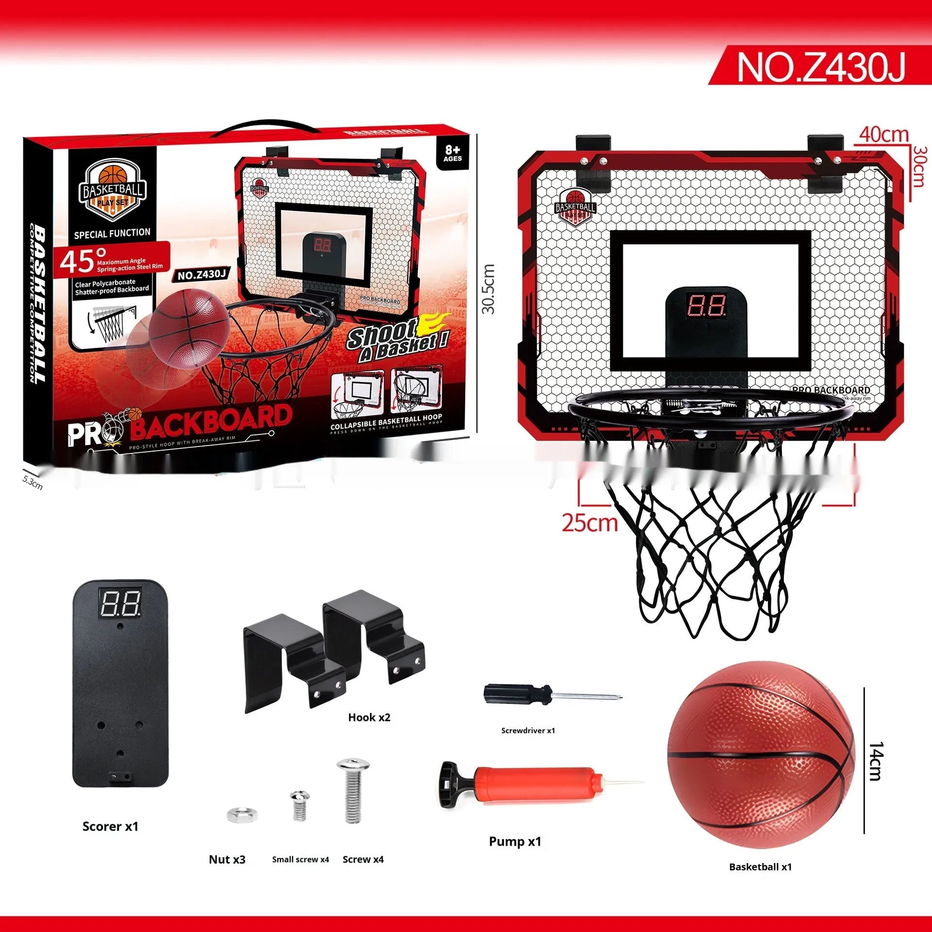 Red and blue folding basketball frame with suction cups and iron hook for dunking or ball storage.