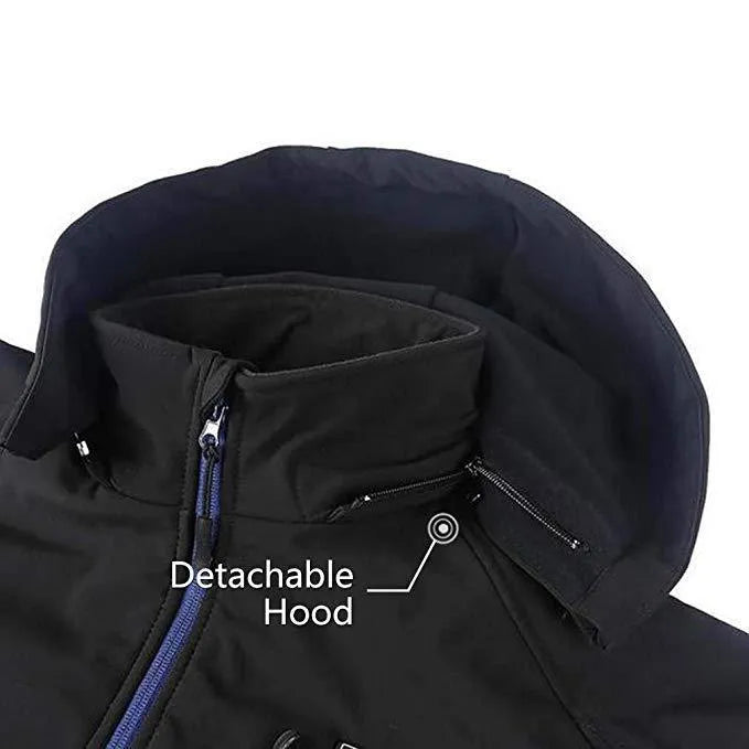 Black men's USB heated waterproof winter coat with long sleeves and zippered pockets