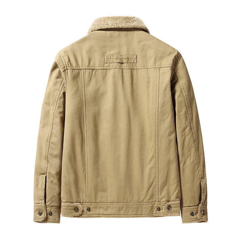 Men's fleece-lined cotton casual jacket with polo collar in khaki, regular fit, available in multiple sizes