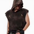 Khaki coloured cotton short-sleeve hood vest on a hanger
