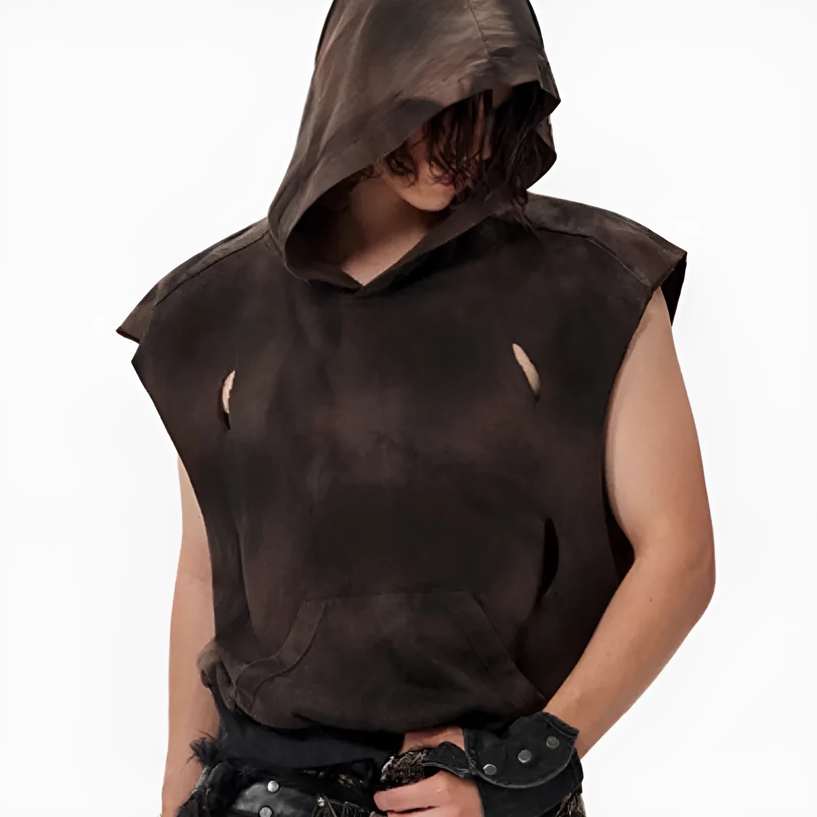 Khaki coloured cotton short-sleeve hood vest on a hanger