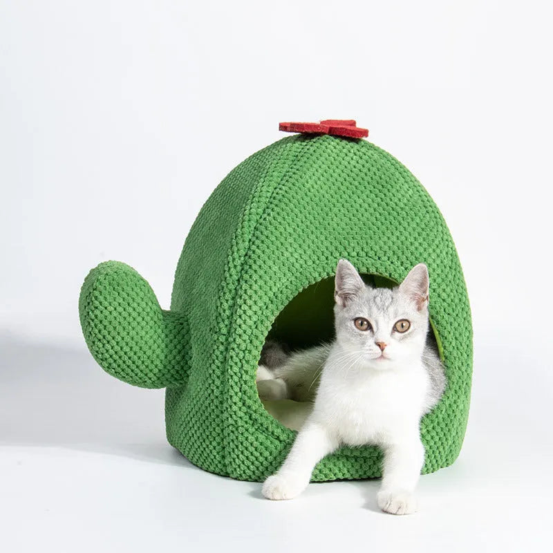 Green cactus-shaped enclosed cat bed with cave design for cats and small dogs