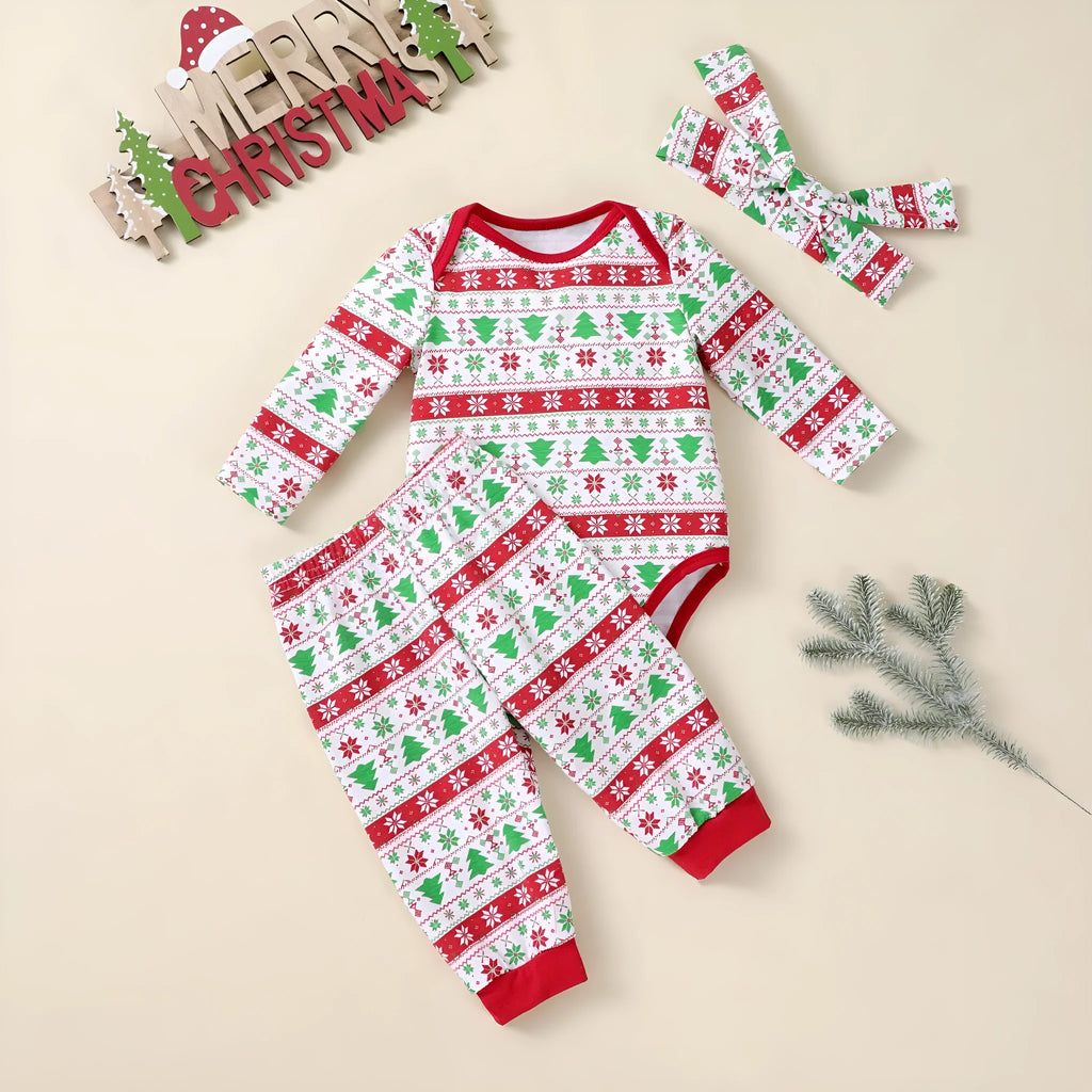 Three-piece Christmas tree print baby outfit with long-sleeve bodysuit, pants, and hat in cotton blend