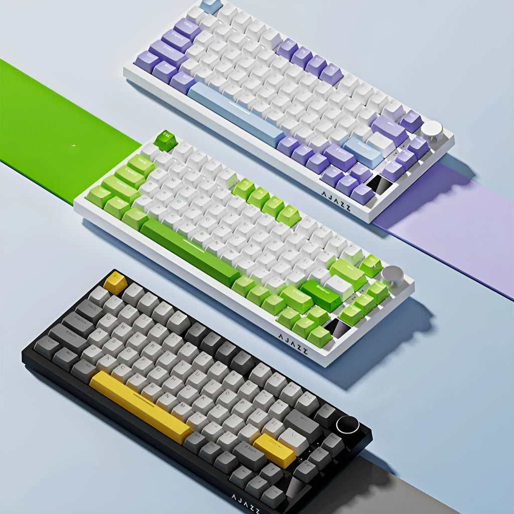 Wireless mechanical keyboard with side-carved PBT keycaps in blue white purple colour, three-mode connectivity, 327x136x40mm
