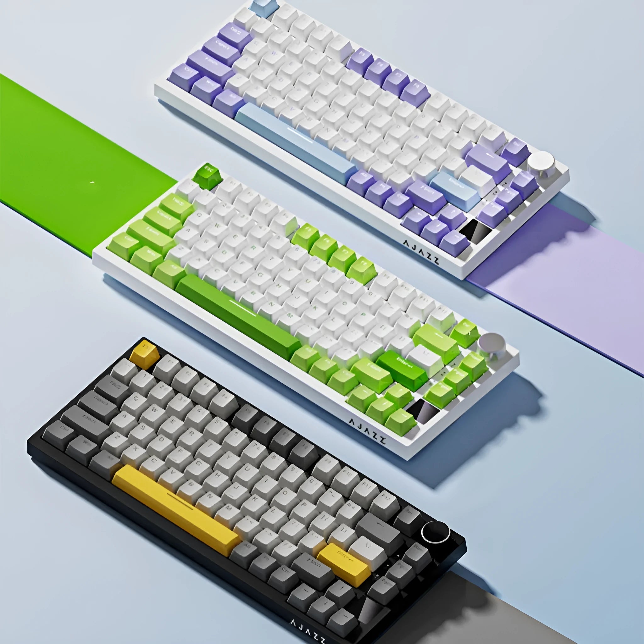 Wireless mechanical keyboard with side-carved PBT keycaps in blue white purple colour, three-mode connectivity, 327x136x40mm