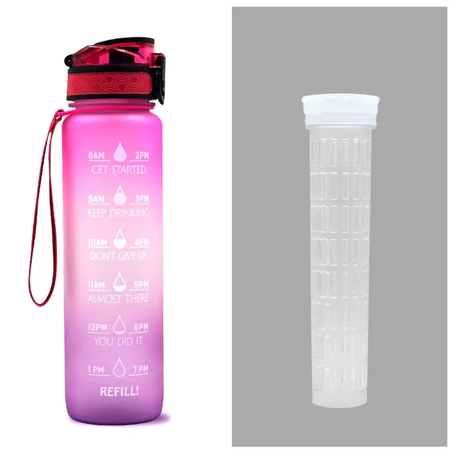 Blue and red gradient 1 litre Tritan sports water bottle with time markers and a black flip-top lid.
