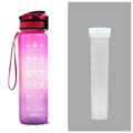 1L Tritan motivational water bottle with time marker, leakproof flip-top lid and wrist strap, 29.5cm tall.