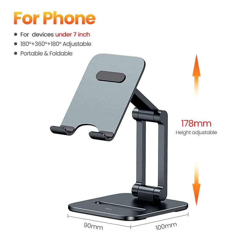 Deep space grey aluminium folding stand supporting a tablet at an angle
