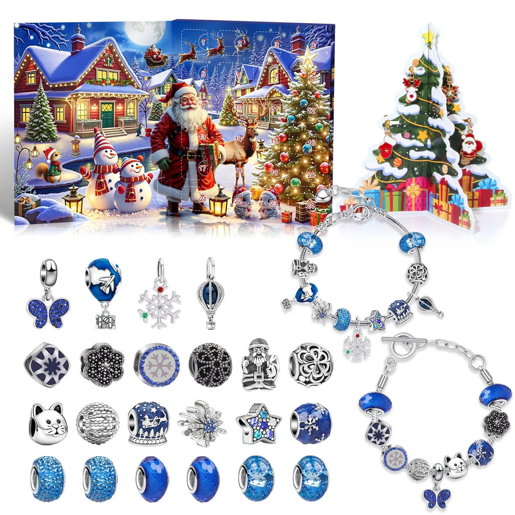 24-grid Christmas advent calendar in flip vertical blue with zinc alloy finish and bracelet blind box