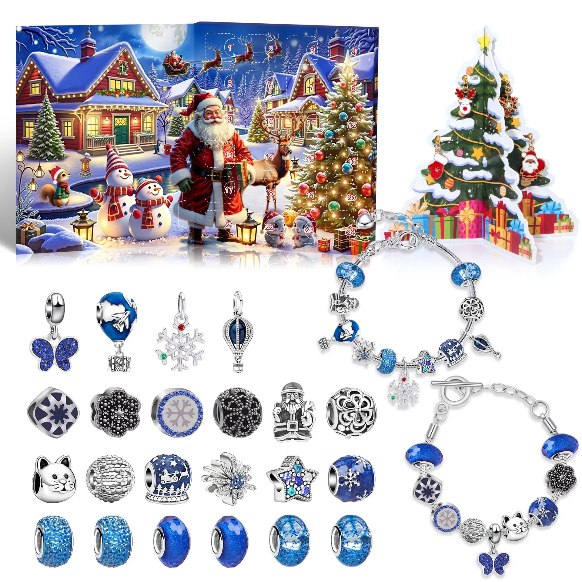 24-grid Christmas advent calendar in flip vertical blue with zinc alloy finish and bracelet blind box