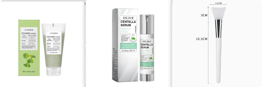 Centella Asiatica soothing facial cleanser set with moisturiser and plastic mask brush, bentonite clay and botanical extracts