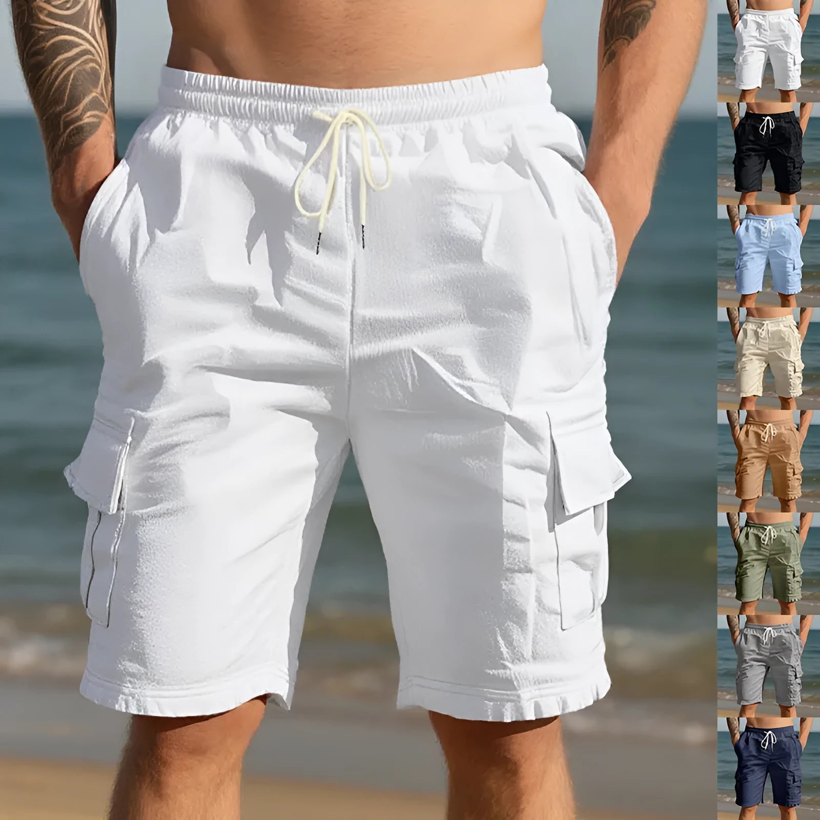 Men's linen blend casual shorts with multiple pockets in light blue colour showing loose-fit design
