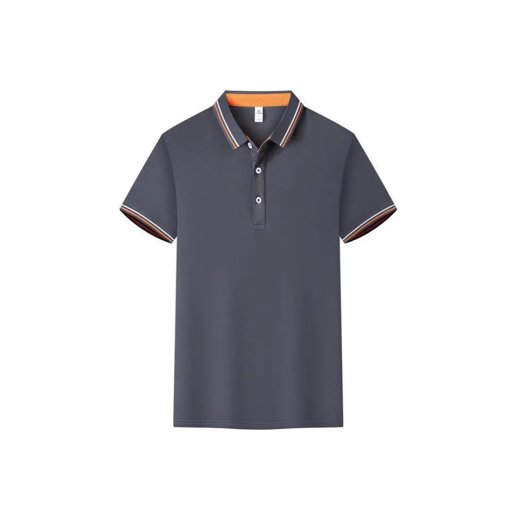 Slim fit cotton blend polo work shirt with collar and short sleeves on a hanger