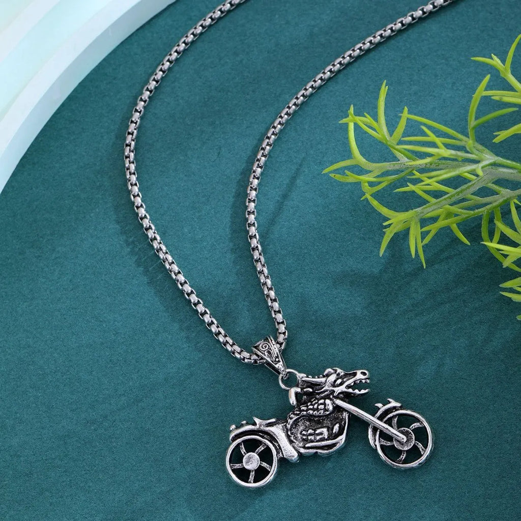 Men's punk necklace with silver alloy motorcycle pendant, biker style jewellery.