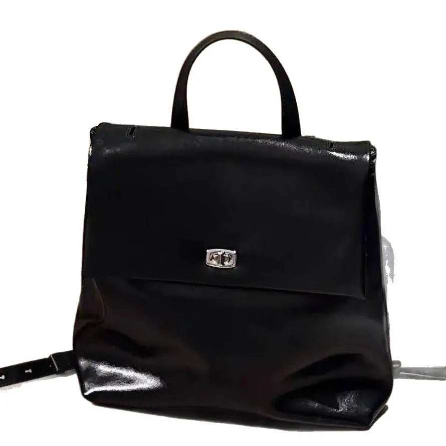 Korean style retro oil wax leather backpack in black, PU leather, 31x30x15cm, street trend everyday bag