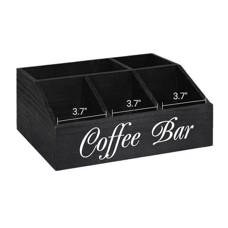 Wooden grid coffee pod storage box with compartments for remote control and stationery in black