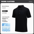 Man wearing a navy blue nylon business T-shirt with a stand collar and colour stitching detail.