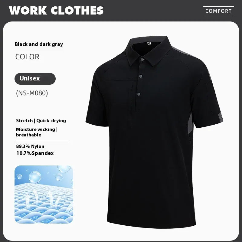 Man wearing a navy blue nylon business T-shirt with a stand collar and colour stitching detail.