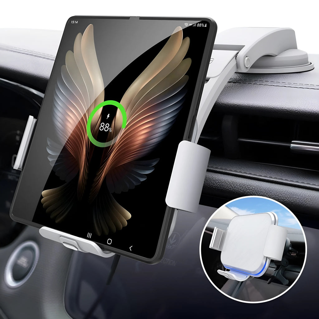 Grey folding wireless charging phone holder for car with air conditioner clip and suction cup bracket on a dashboard.