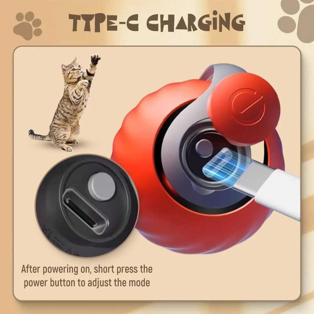 Blue and red rechargeable self-moving interactive ball toy for indoor cats and dogs on a plain background.