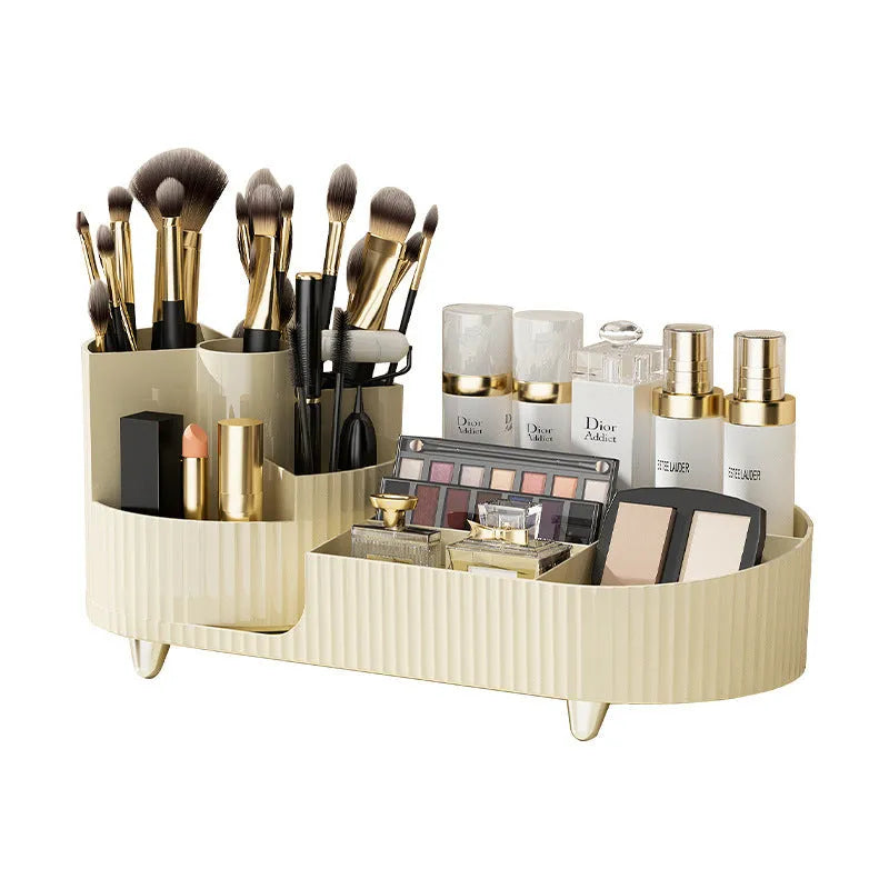 Rotating cosmetics storage box organiser for makeup brushes and cosmetics on dresser table