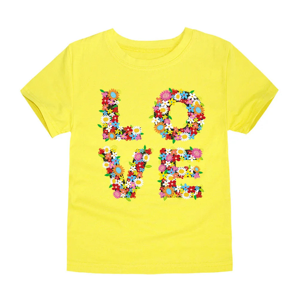 Children's cotton knitted cartoon heat press round neck short sleeve T-shirt in TTTG7 colour on child model