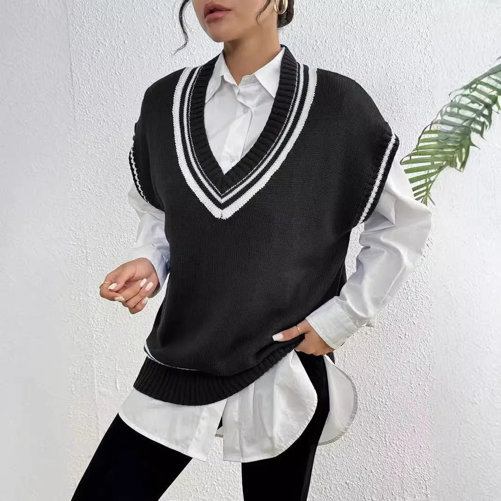 Women's loose college style wool vest sweater pullover in blue, coffee or black colours