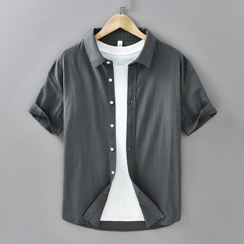 Men's short-sleeved cotton shirt in loose cardigan style available in multiple colours