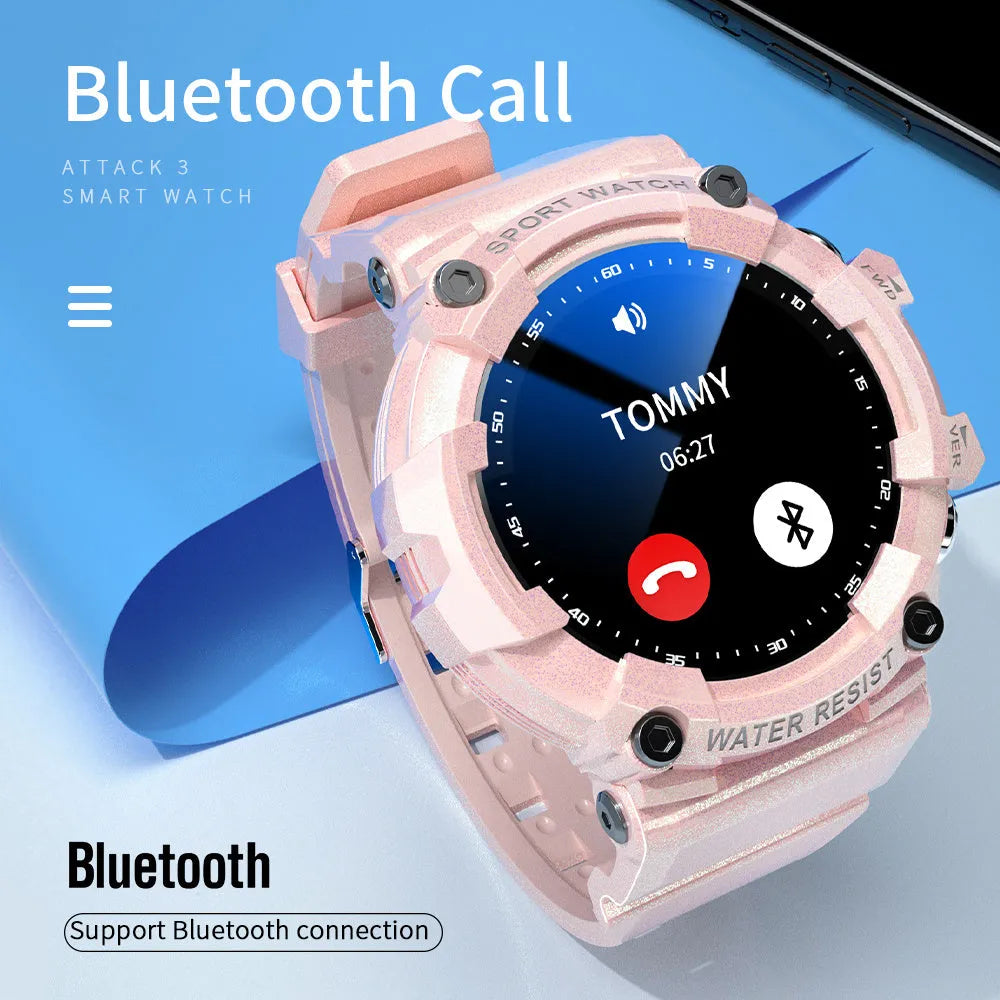IP67 waterproof Bluetooth sports watch with round colour touchscreen on wrist showing health metrics
