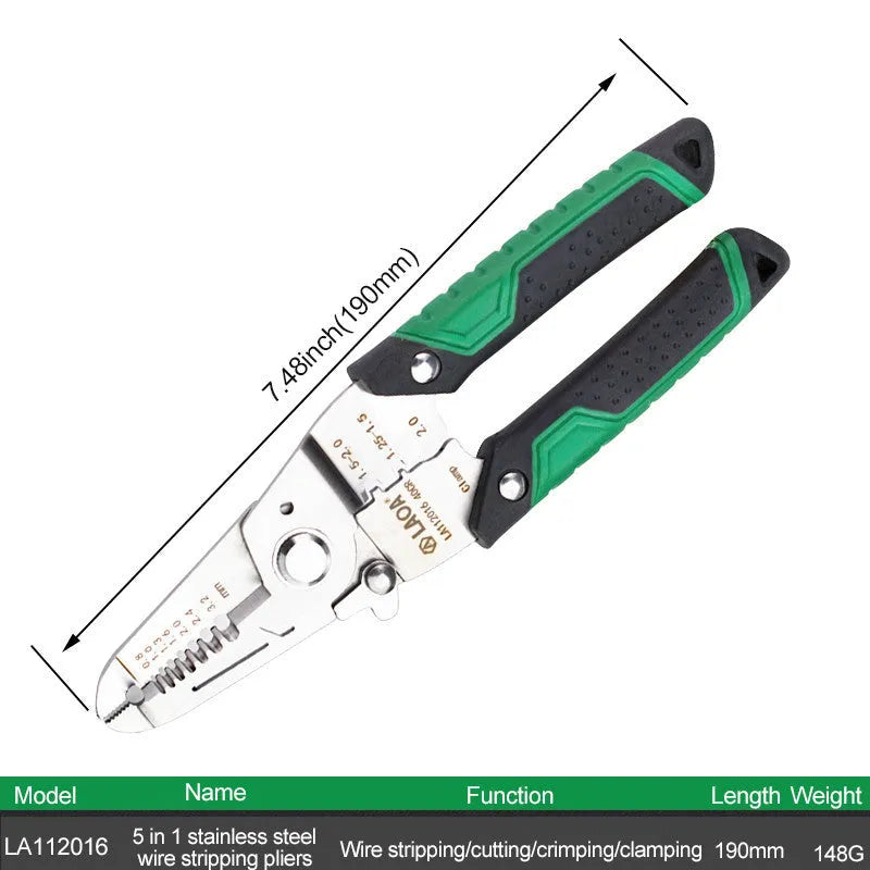 Stainless steel 7-in-1 wire stripper with two-colour handle and seven sized stripping ports.