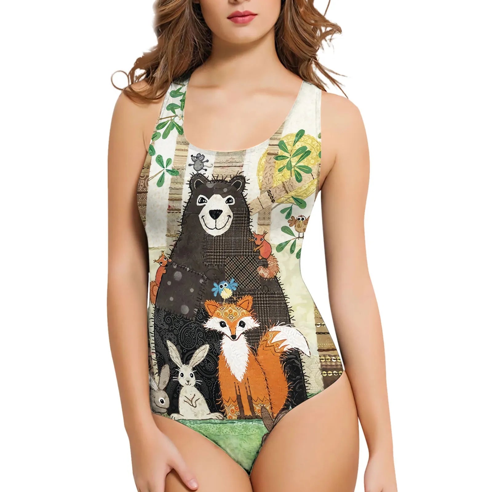 Polyester one-piece swimsuit with 3D printed sunflower pattern in sleeveless design