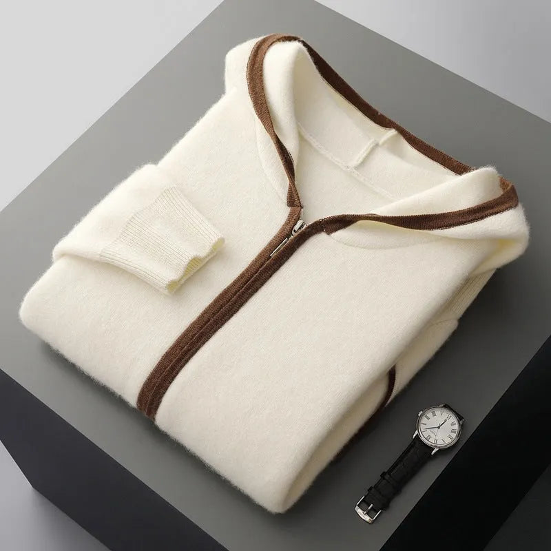 Casual zip-up hooded cashmere cardigan sweater in loose fit, available in white for youth