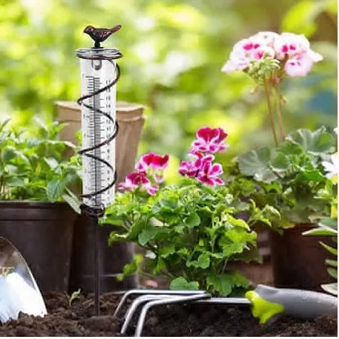 Cast iron garden rain gauge with hummingbird design and glass measurement tube showing 0-800ml capacity