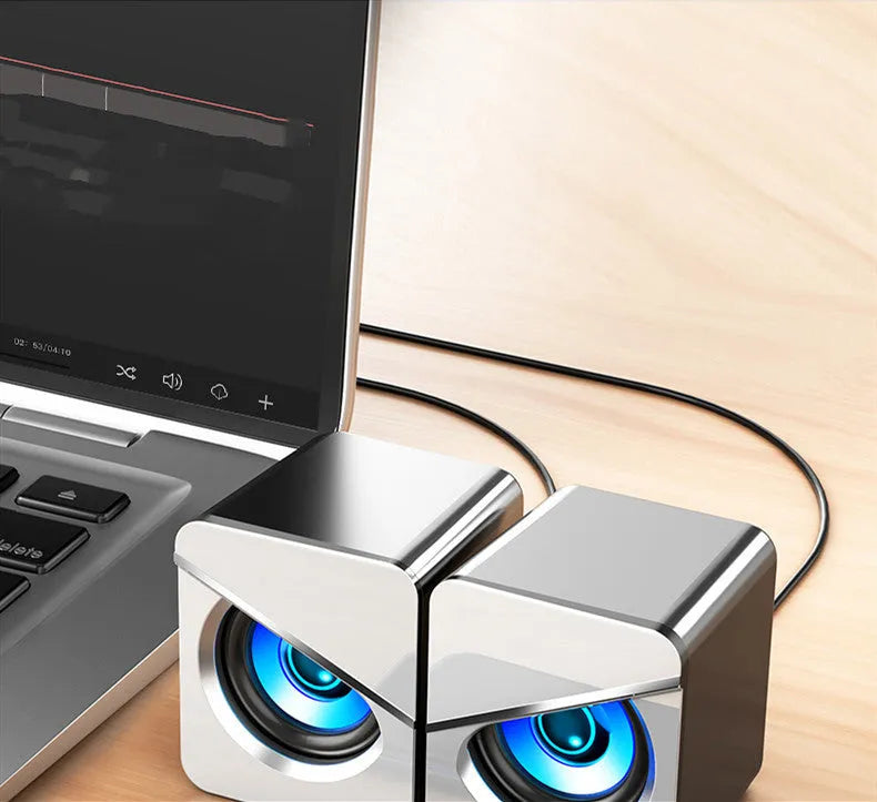 Black and white desktop USB cable speakers with volume control for computer audio
