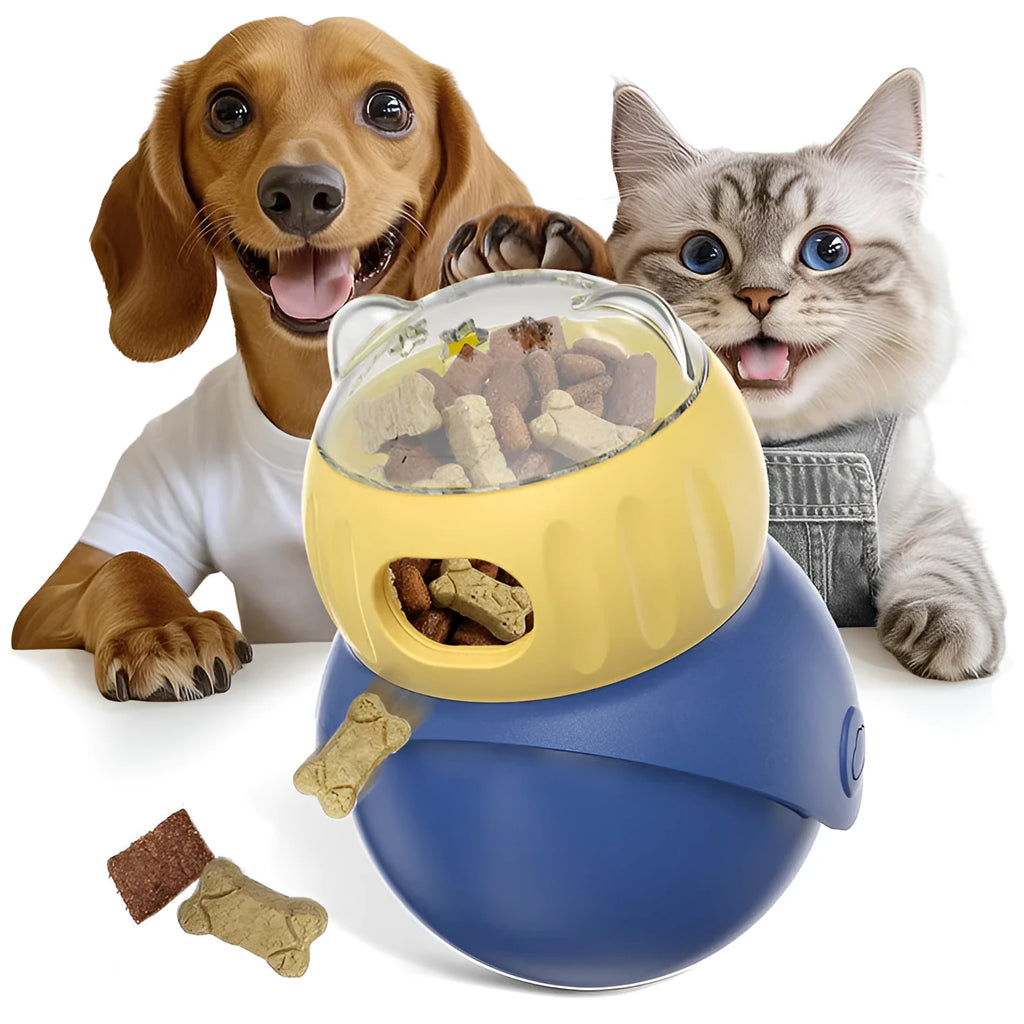 Morandi yellow and blue plastic tumbler owl cat puzzle feeder toy.