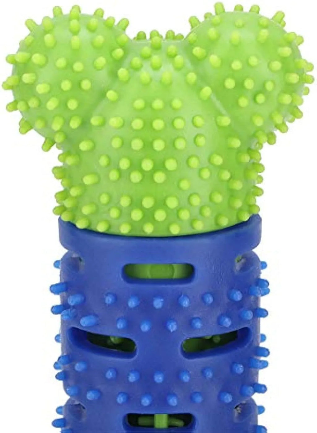 Blue green dog dental cleaning stick with silicone brush head and massage nodules measuring 25cm