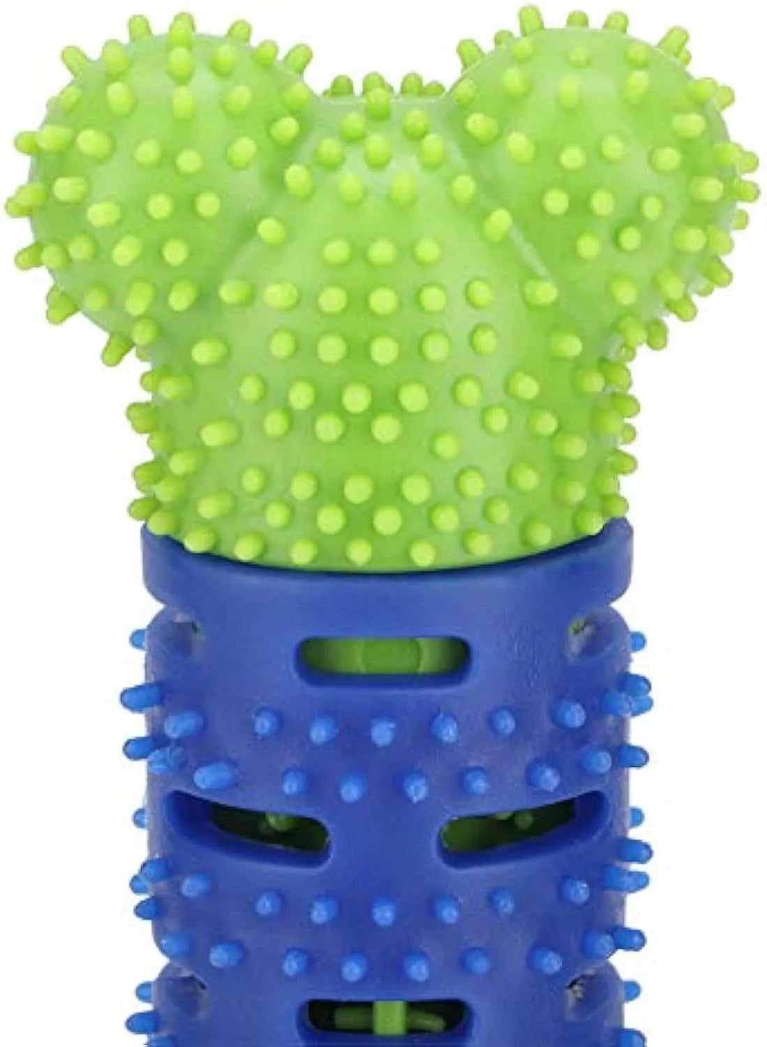 Blue green dog dental cleaning stick with silicone brush head and massage nodules measuring 25cm