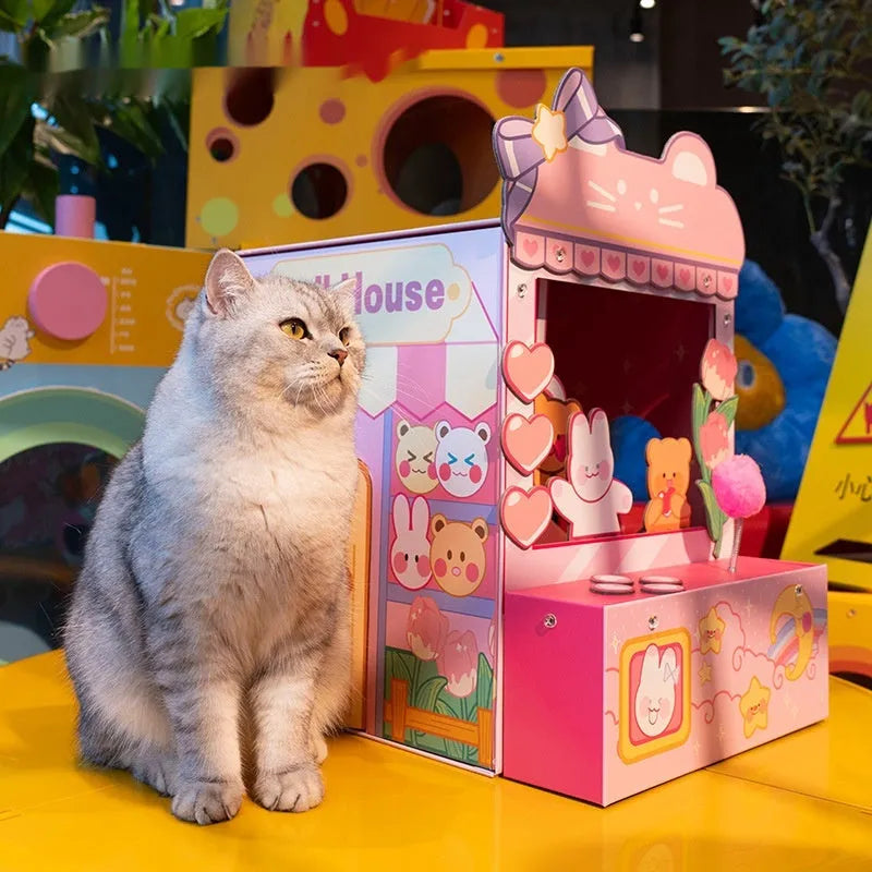 Three-in-one tulip clip cat nest crane machine in pink, Japanese style, 35x34.5x53.5cm, made from gray board and corrugated paper