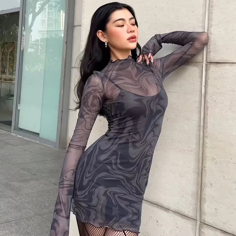 Black mesh halter print bodycon dress two-piece set with sheer long sleeve pullover top and short skirt