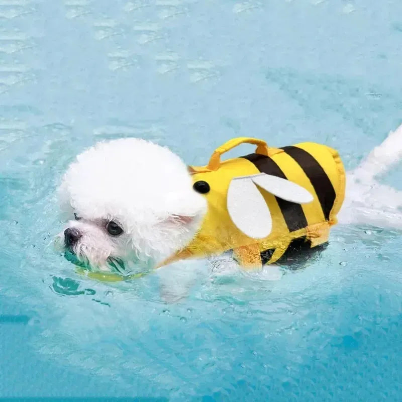 Green dog life vest with reflective strips and side-release buckles on a canine mannequin.