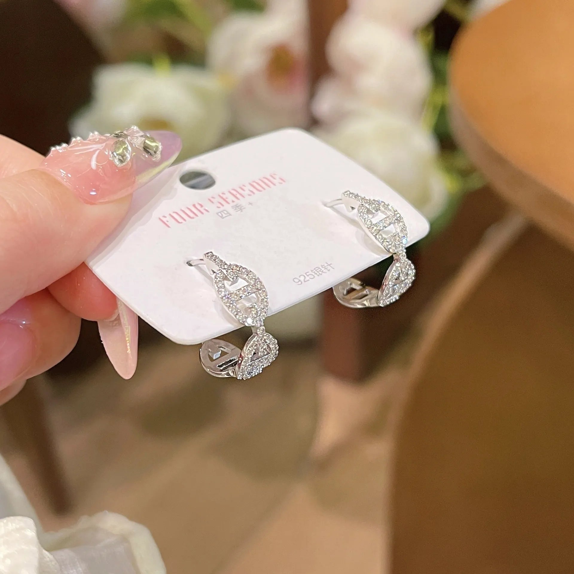 Ladies casual style electroplated copper earrings with diamond light luxury design in silver, gold or rose gold thick gold plating